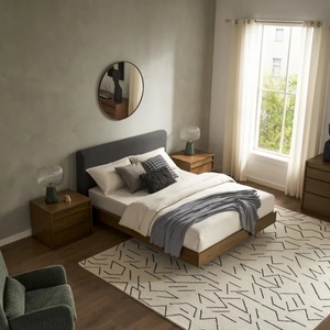 Meubles de maison modernes, lit double à plateforme basse en bois massif, cadre de lit Queen King avec tête de lit rembourrée - Product Image 2