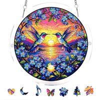 Kit de puzzle en acrylique personnalisé, attrape-soleil en verre teinté, motif colibri et coucher de soleil, décoration à suspendre à la fenêtre, cadeau artisanal