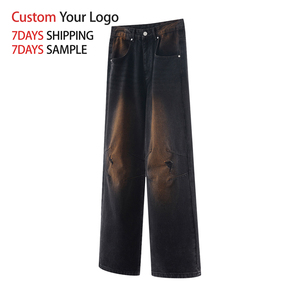 Jean en denim streetwear personnalisé de haute qualité, coupe large, délavé clair, avec logo de designer, coupe droite, style baggy pour homme, vente en gros - Product Image 3