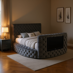 Cama King Size de Lujo Tapizada con Cabecera y Piecera de Terciopelo Gris con Botones, Detalles de Tachuelas y Televisor Integrado - Product Image 2
