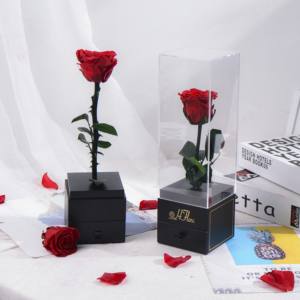 Hflora新着プリザーブドローズ茎付き永遠にバラ保存花アクリルボックスで最高のギフトプリザーブドローズ - Product Image 4