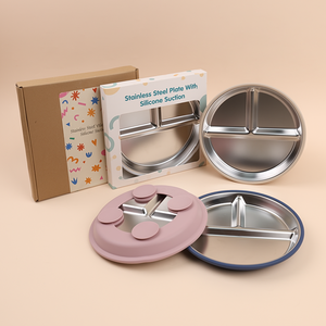 Bambino 8 pollici rimovibile BPA Free Silicone <span class=keywords><strong>ventosa</strong></span> manicotto per microonde in acciaio inox piatto diviso per bambini <span class=keywords><strong>piatti</strong></span> per bambini - Product Image 1