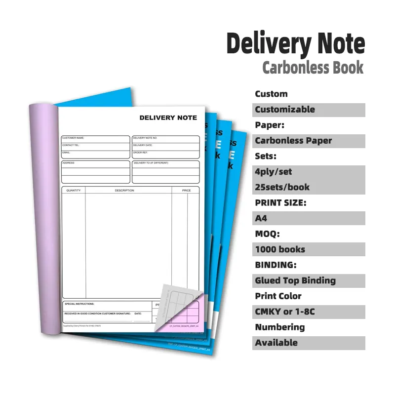 OEM/ODM Cheap Price Duplicate Triplicate Quadruplicate NCR/Carbonless A4 Delivery Order Note Book Customizable Printing