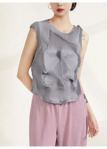 Vêtements d'été PY pour femmes, col roulé, respirant, écologique, élégant, gilet plissé, texture losange, décontracté, plissé 3D - Product Image 5