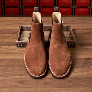 Bottes montantes en daim et fourrure faites à la main pour hommes en cuir véritable, patchwork, à lacets, semelle extérieure en caoutchouc, légères et respirantes - Product Image 2