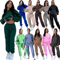 SRML-211333 Setelan Olahraga Wanita Terbaru Warna Solid Berbahan Fleece dengan Hoodie 2 Potong Pakaian Santai Sehari-hari