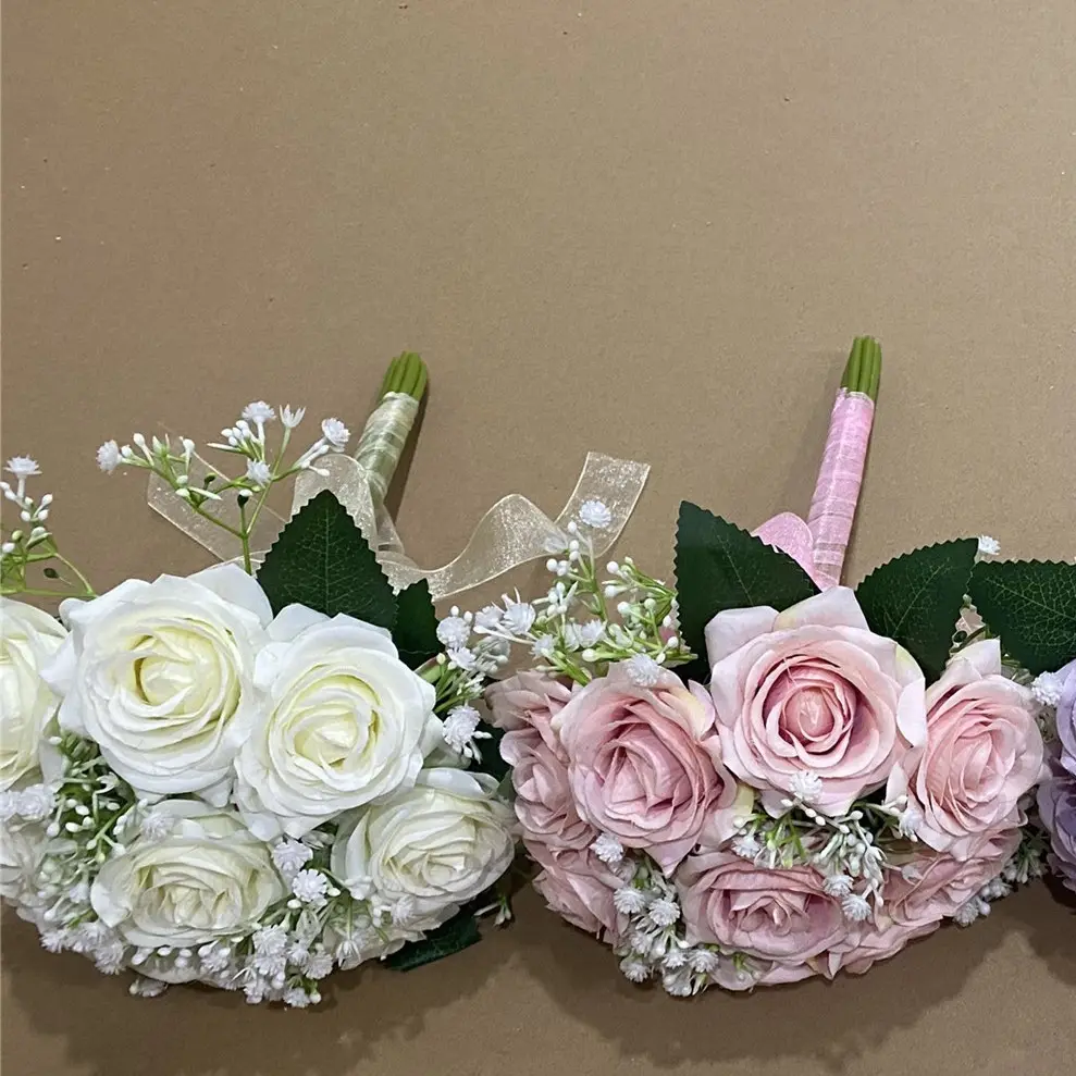 Romantico fiori artificiali da sposa mano che tiene Bouquet da sposa rosa Bouquet da damigella d'onore