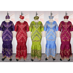 H&D BS081 Nuovo Design Abito Tradizionale Africano Bazin Riche per Donna, Vestito Lungo Personalizzato con Ricami e Foulard - Product Image 4