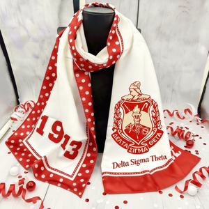 Écharpe Delta Sigma Theta blanche et <span class=keywords><strong>rouge</strong></span> avec lettres grecques imprimées, écharpe de célébration universitaire 1913 DST pour femmes - Product Image 2