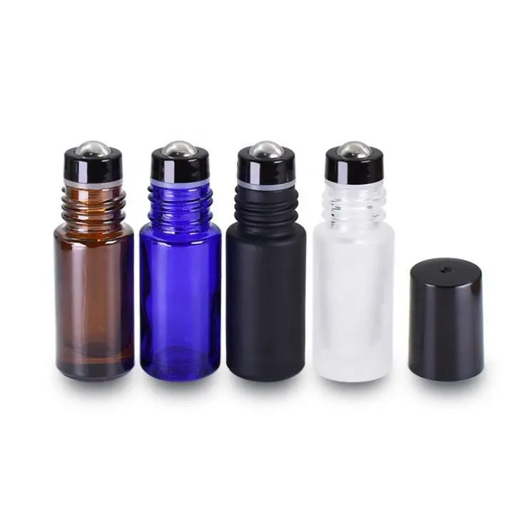 In stock Essential Oil Roller Bottles 5 ML amber black blue Perfume Glass Roll On Bottle