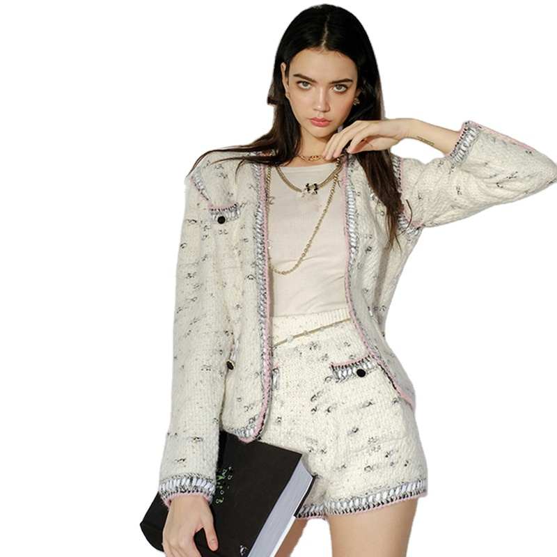 Damen Tweed Shorts Sets Runway Designer Loose White Sweater Cardigan Top und Short Pant Suits Gestrickt Zweiteiler Set