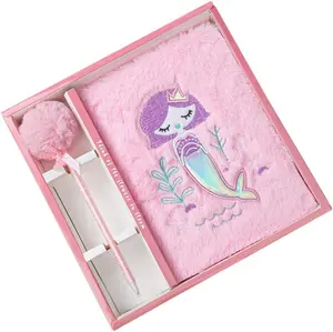 가짜 모피 플러시 일기 팝 노트북 저널 세트 Pom 펜 키즈 학교 편지지 세트 - Product Image 1