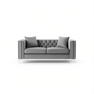 Lorreto Gray Velvet Loveseat 63 Inch Tufted Chesterfield Style <b>Living</b> <b>Room</b> <b>Sofa</b> Two Seat Metal Legs - Product Image 1