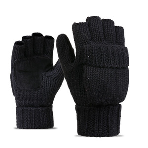 Personnalisé Hiver Femmes <span class=keywords><strong>Homme</strong></span> <span class=keywords><strong>Laine</strong></span> Épaisse Mitaines Ouvertes Demi Doigt Gants Chaud Flip Extérieur En Cuir Tricot Mitaines Douces - Product Image 6