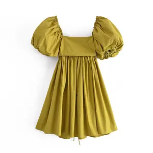 Square collar lantern short sleeve mustard color women cute back bow tie summer mini dress