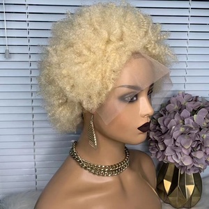 In vendita 613 # Blonde Bomb <span class=keywords><strong>Afro</strong></span> crespo riccio 13x4 pizzo frontale Perruque capelli umani <span class=keywords><strong>parrucca</strong></span> corta taglio Pixie per donne nere - Product Image 3