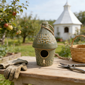 בית ציפורים תלוי מקרמיקה בצבע כחול אומברה - קישוט לגינה בסגנון קוטג' - Product Image 3