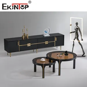 Ekintop new design living room furniture set wall unit wood tv stands modern tv cabinet and glass top coffee table