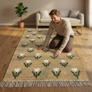 Alfombra de Yute Floral con Flecos Naturales, Tapete Decorativo para Sala de Estar y Dormitorio - Product Image 2