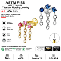 Piercing Labret G23 en Titane ASTM F136 Courbé à 3 Chaînes avec Pendentif Gland, Sans Filetage, à Poussoir, pour Oreille, Hélix, Tragus, Plaqué Or 18K