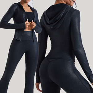 Ensemble de sport YIYI en similicuir effet seconde peau respirant et amincissant pour femme, avec leggings évasés <span class=keywords><strong>taille</strong></span> haute effet push-up, idéal pour le yoga - Product Image 1