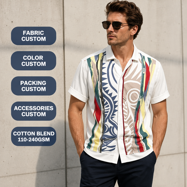 Custom High Quality Fashion Short Sleeve Shirt Stand Collar Button up Causal Shirt  for Men