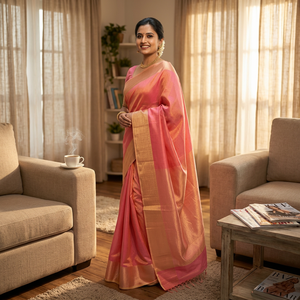 Sari de Seda Sofisticado en Color Rosa Coral |   Ropa Tradicional Premium para Mujer de Secado Rápido, Origen Maharashtra, para Invierno/Verano - Product Image 4