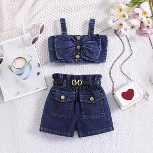 Set di Abbigliamento Casual per Bambine con Top a Collo Quadrato e Maniche a Lanterna, Gonna Plissettata con Motivo Spezzato e Design in Denim Multi-Bottone - Product Image 2