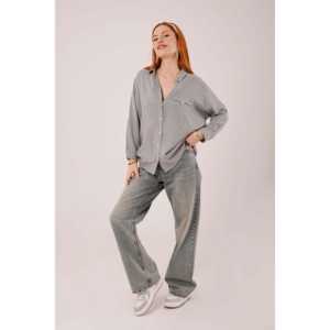 Camisa Gris Oversize a Rayas con Detalle de Bolsillo para Mujer al por Mayor - Product Image 5