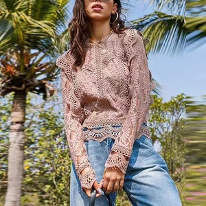 Blus Wanita Seksi Warna Solid Berenda, Model Crop Top Lengan Panjang, Slim Fit, Elegan, Grosir, Laris Manis - Product Image 2