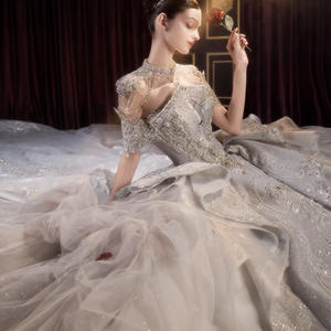 Jancember LSMX192 Chic cuello alto rebordear vestidos de novia de cola larga hinchada - Product Image 4