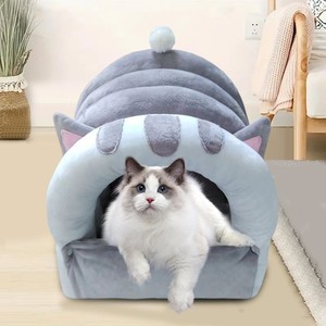 Cama para gatos de dibujos animados, gris, suave, completamente cerrada, con cubierta para gatos, manta cálida de invierno para mascotas. - Product Image 1