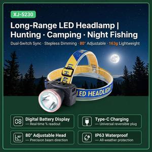 Lampe frontale de pêche à affichage numérique intelligent, gradation progressive, portée de 1000 m, laser blanc, LED, 8,1 W, 3600 mAh, rechargeable par USB-C - Product Image 2