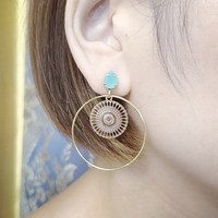 Boucles d'oreilles créoles fines plaquées or 18 carats, style vintage, avec disque en filigrane de cuivre et zircon en forme de goutte pour femme
