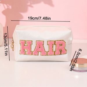 Bolsa de Maquillaje Personalizada con Cierre, Impermeable, de Nailon, con Parches de Letras de Chenilla, Bolsa Cosmética Personalizable - Product Image 4