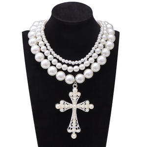 Conjunto de Collar de Perlas Punk Exageradas con Cruz, Estilo Europeo Americano, Multicapa, de Imitación, Joyería de Fiesta para Mujer - Product Image 5
