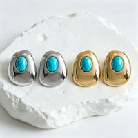Boucles d'oreilles clous polyvalentes pour femme, style européen-américain, à monture large, en alliage de zinc, doré poli, audacieuses, vintage, géométriques, incrustées de turquoise