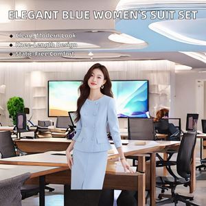 Completo da <span class=keywords><strong>Donna</strong></span> di Alta Gamma con Fragranza Elegante, <span class=keywords><strong>Tuta</strong></span> Blu con Gonna, Abito Professionale da Presentatrice, Completo da Celebrità in Spandex/Poliestere - Product Image 1