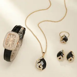 时尚女性手表金锆石水钻耳环项链戒指饰品套装水滴宝石女士3pcs饰品套装