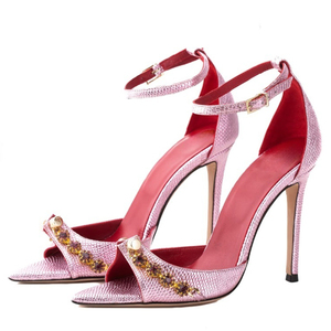 Sandalias de tacón de aguja para mujer, talla grande 45, ajuste ancho, con decoración metálica, correa al tobillo, tacones altos y delgados, zapatos de fiesta con diamantes - Product Image 1