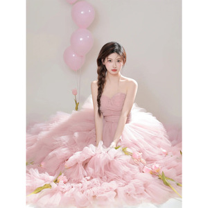 Pink Strapless Tulle Ball Gown Wedding Dress Natural Waistline Candy Color Light Train Photography Theme - Product Image 1