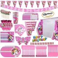 Serie Unicornio Rosa, 91 Piezas de Platos, Servilletas y Pancarta Desechables de Papel, Ideal para Cumpleaños de Niñas