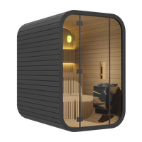 Sauna Moderna Tipo Cubo para 2-4 Personas, Sauna Exterior Cuadrada de Madera Sólida con Puerta Panorámica de Vidrio y Luz LED para Jardín