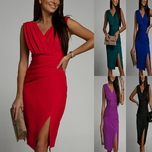 Nouvelle <span class=keywords><strong>Collection</strong></span> Été 2024 : Robes de Soirée Élégantes pour Femme, Taille Haute, Décolleté Plongeant en <span class=keywords><strong>V</strong></span>, Sans Manches, Longues et Sexy, Couleur Unie - Product Image 2