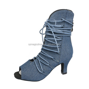 Nuevos zapatos de baile Wedopus Denim clásico azul Latino <span class=keywords><strong>Samba</strong></span> Cha zapatos de baile Tacón con cordones botas de baile de moda 6CM - Product Image 1