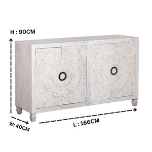 Hand-Carved Wooden Sideboard <b>Cabinet</b> with Sunburst Design | Antique <b>White</b> 2-Door <b>Storage</b> Console | Vintage Living Room - Product Image 5