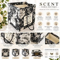 Sac de shopping personnalisé à imprimé floral avec poignées en corde, boîte cadeau carrée à fleurs avec poignée, noir et blanc, pour boutiques, cadeaux de détail