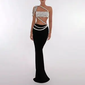 BA0171 Black/White Rhinestone Bandage Two Pieces Set Women 2024 Sexy Chains Crop Top Long Skirt Sets Luxury Dresses Elegant Suit