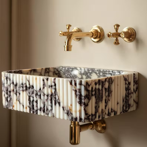 Мраморная раковина Calacatta, ребристая раковина из натурального камня, настенный умывальник на заказ, дизайнерская раковина - Product Image 2