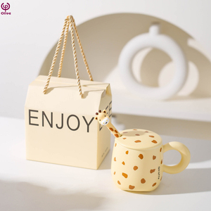 Taza de Cerámica Creativa, Linda y Ecológica con Tapa y Cuchara, Taza Infantil para Beber, Taza para Parejas para Leche, Café, Té, 350 ml - Product Image 6